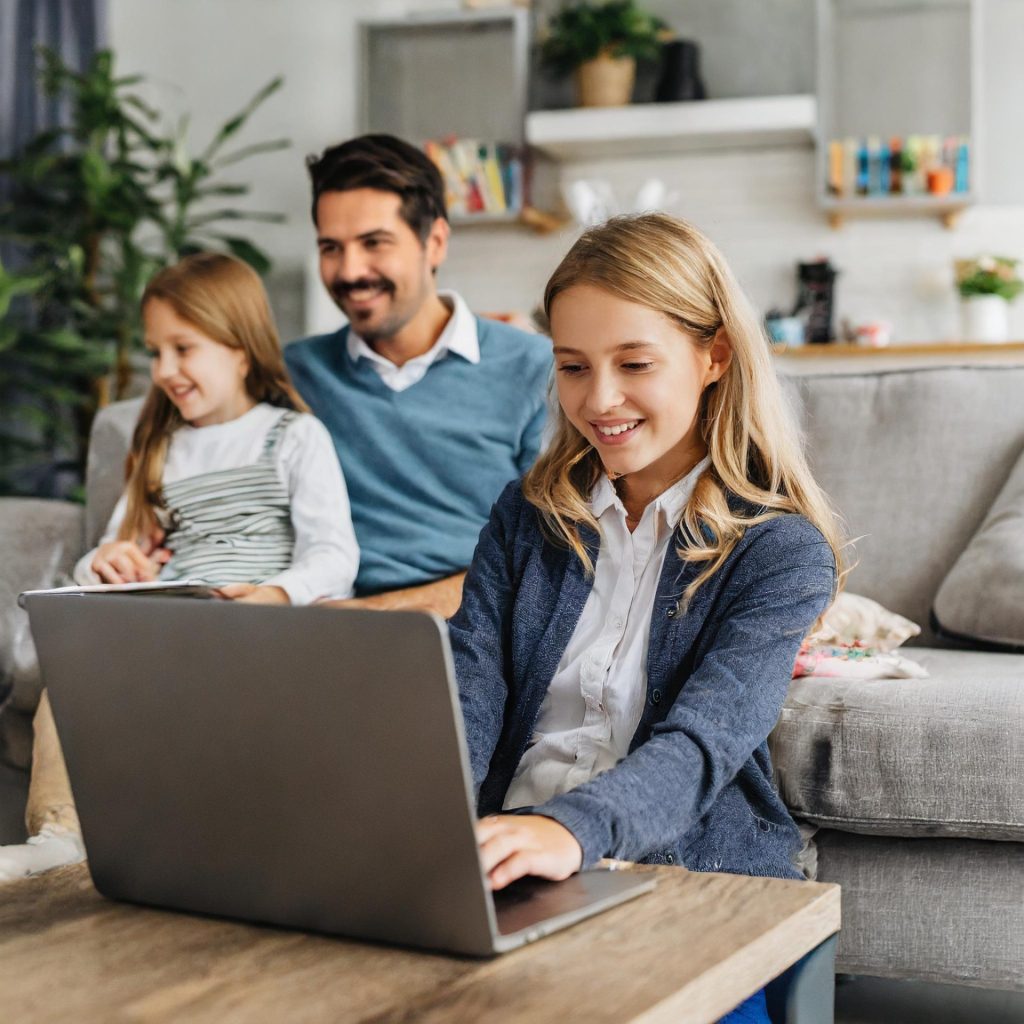 family using laptop, tv, devices