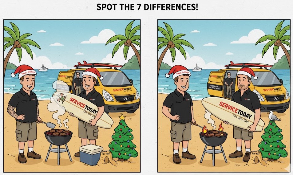Two men in Santa hats grilling on a beach, with a van and surfboards, in a "spot the difference" puzzle.