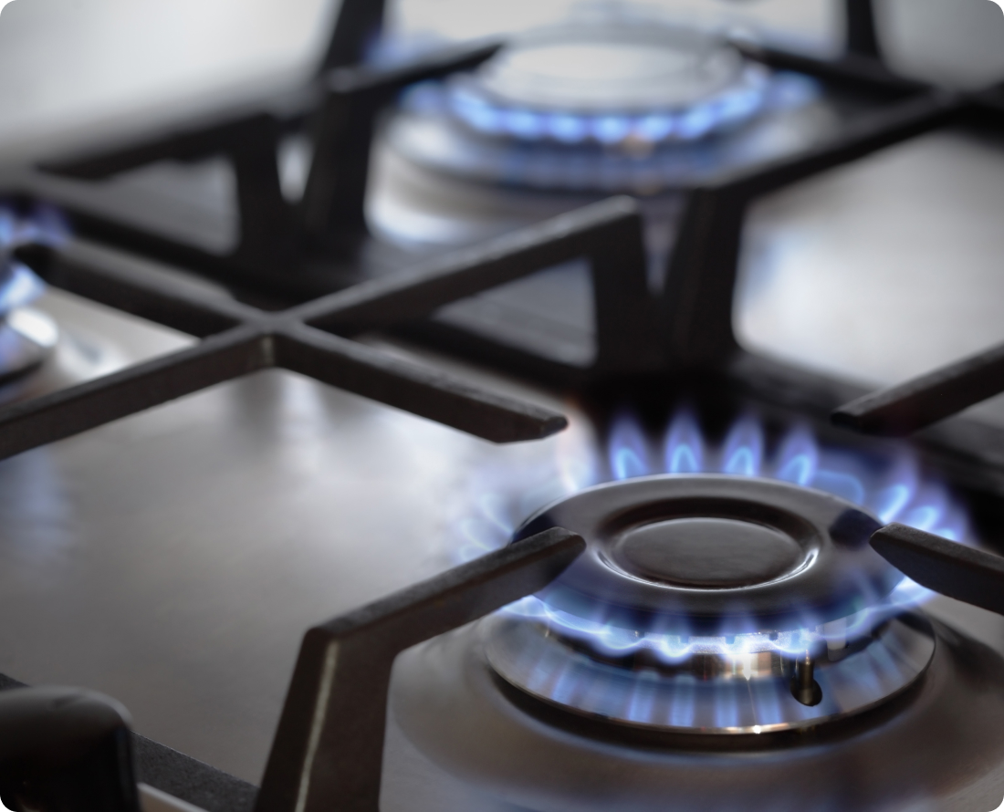 Close up of a gas stove burner with blue flames.