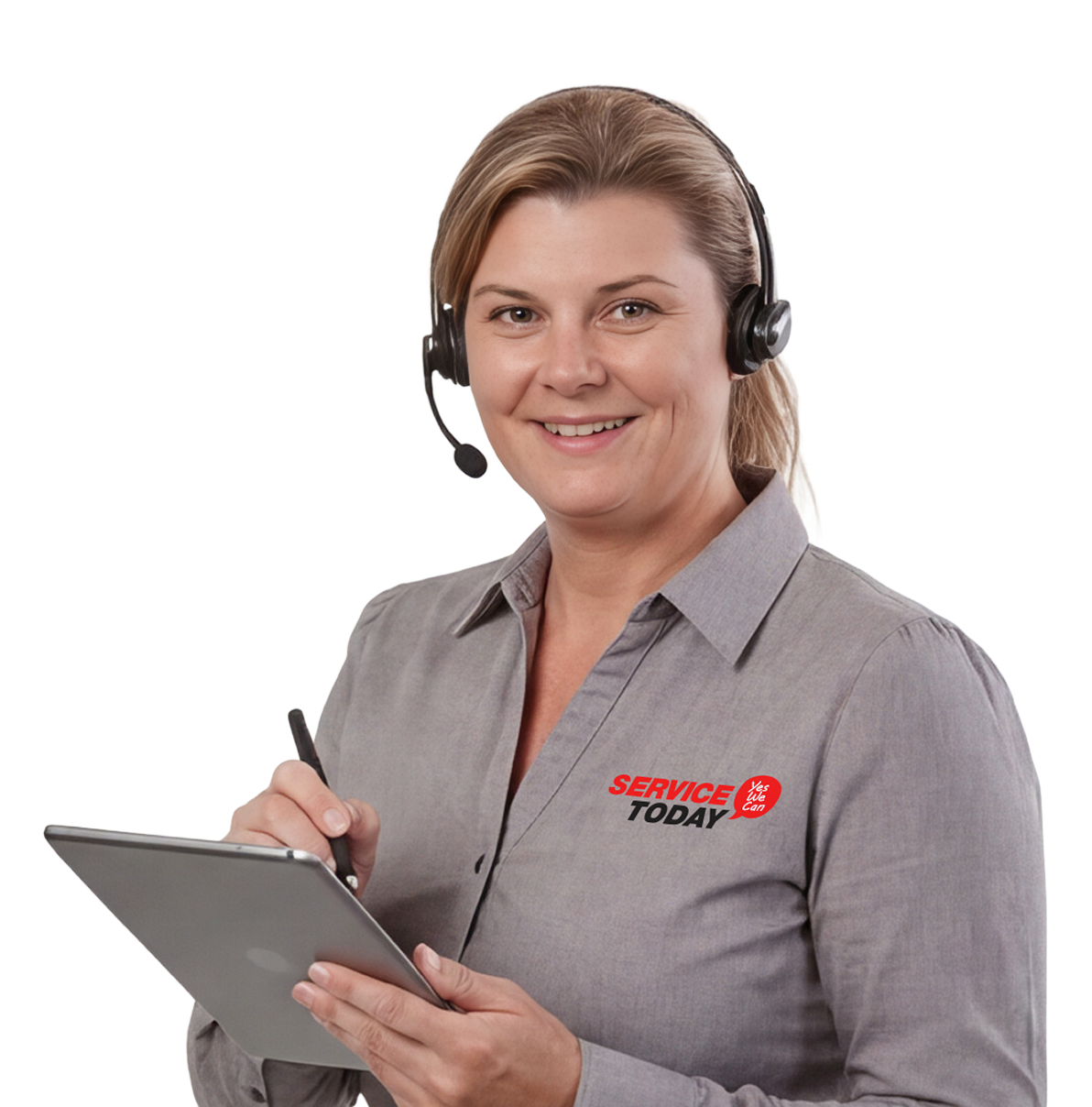 A woman in a headset and uniform smiles while holding a tablet and pen.