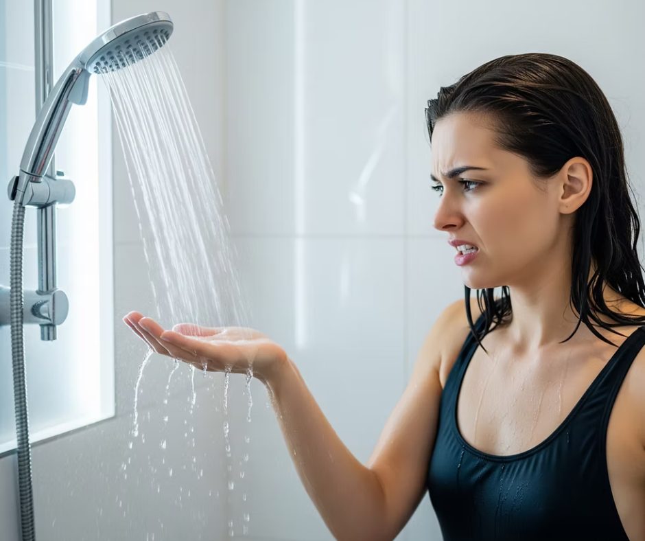 Woman disgusted by cold shower water in a hot summer.