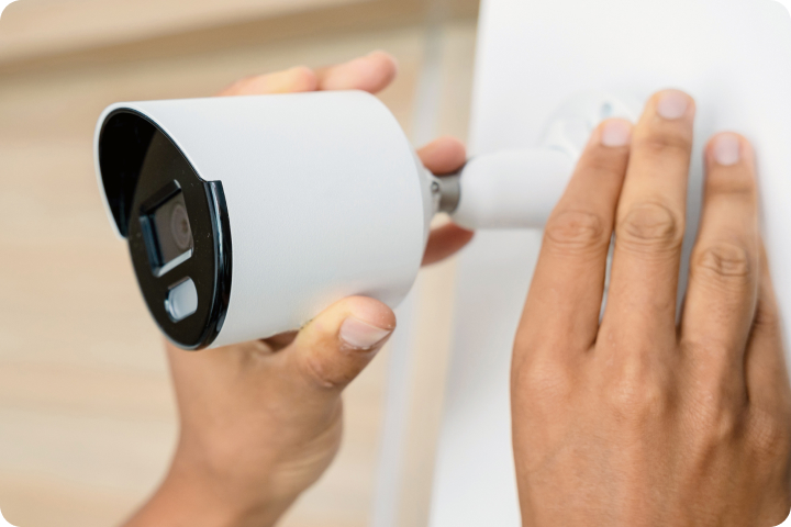 Hands installing a white security camera on a wall.