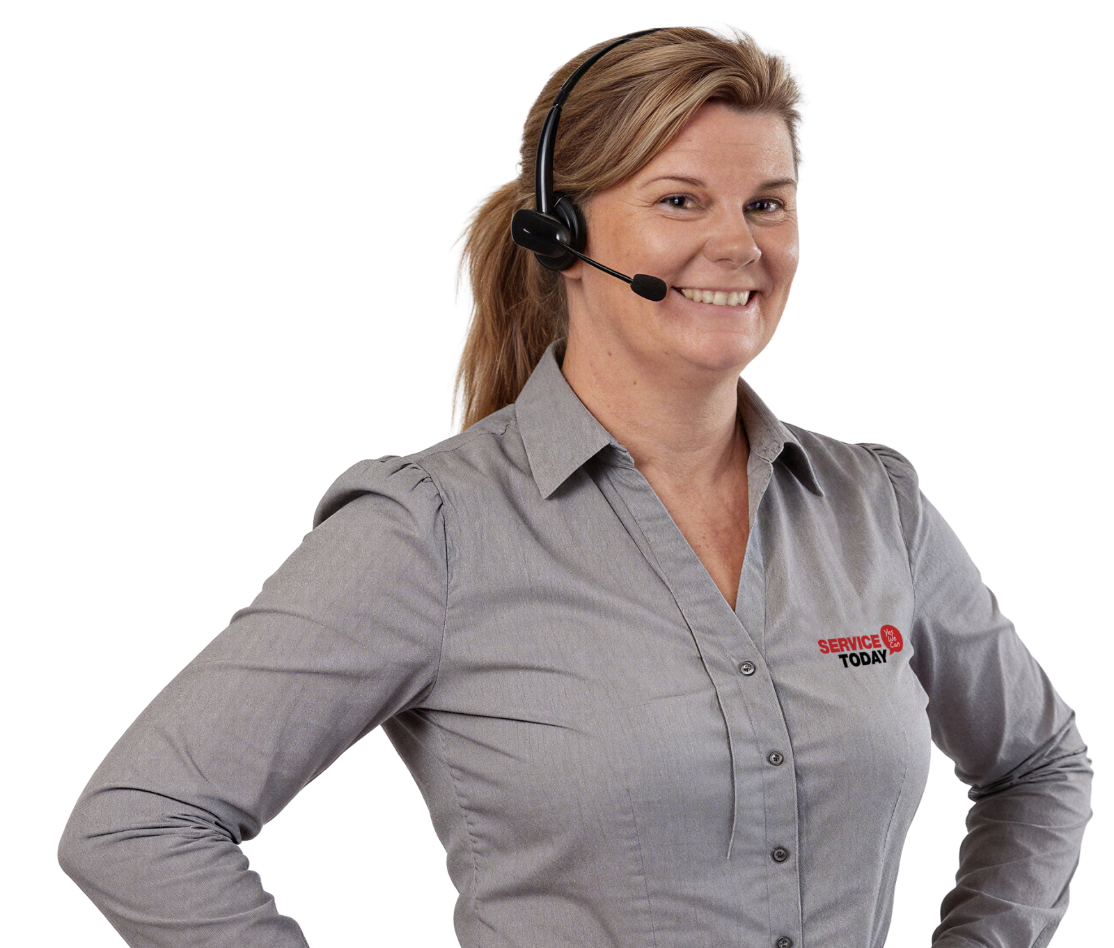 A smiling woman with a headset, wearing a "SERVICE TODAY" shirt.