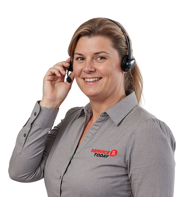 Woman with headset and "Service Today" shirt smiling.