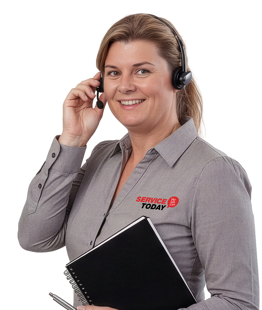 Woman with headset, holding notebook and pen, smiles at camera for "Contact Us" page.