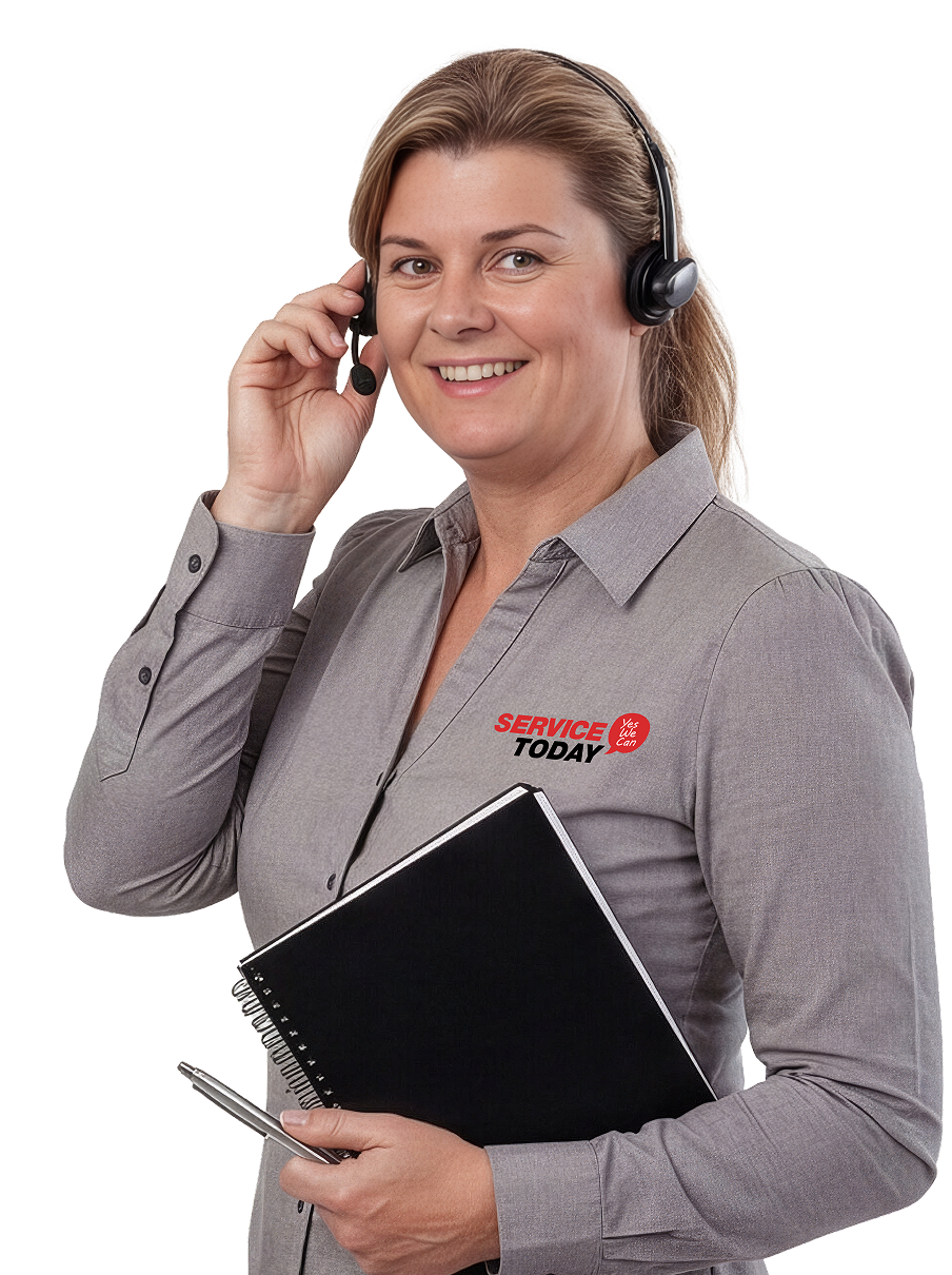 Woman wearing a headset smiles holding a notebook and pen, with "Service Today" logo on her shirt.