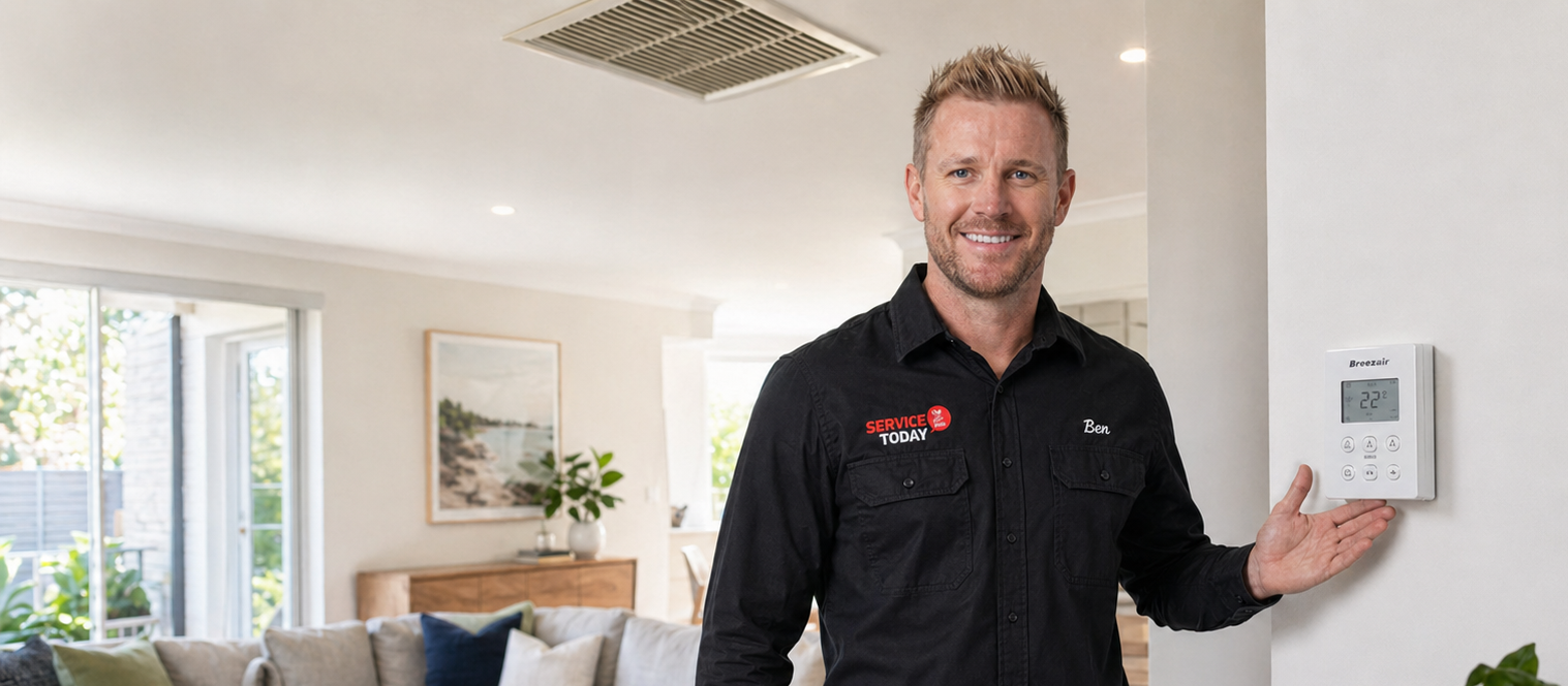 Man in "Service Today" shirt points to Breezair thermostat set to 22 degrees.