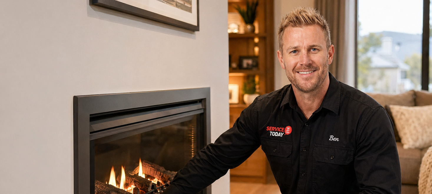 Ben from Service Today standing by a gas fireplace, ready to assist with gas heating needs.