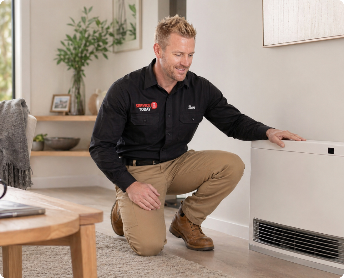 Technician Ben inspecting a gas heater in a home living room.