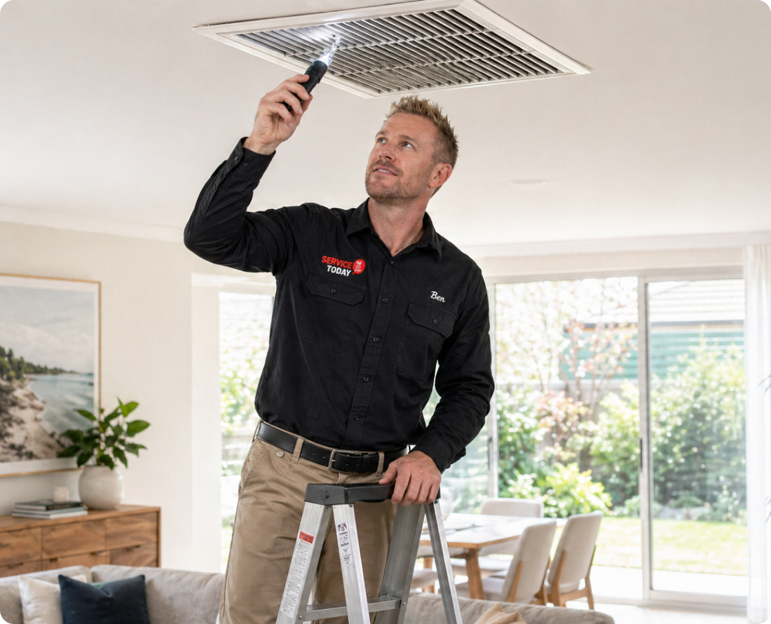 Technician using a flashlight to inspect a ceiling air vent in a home.
