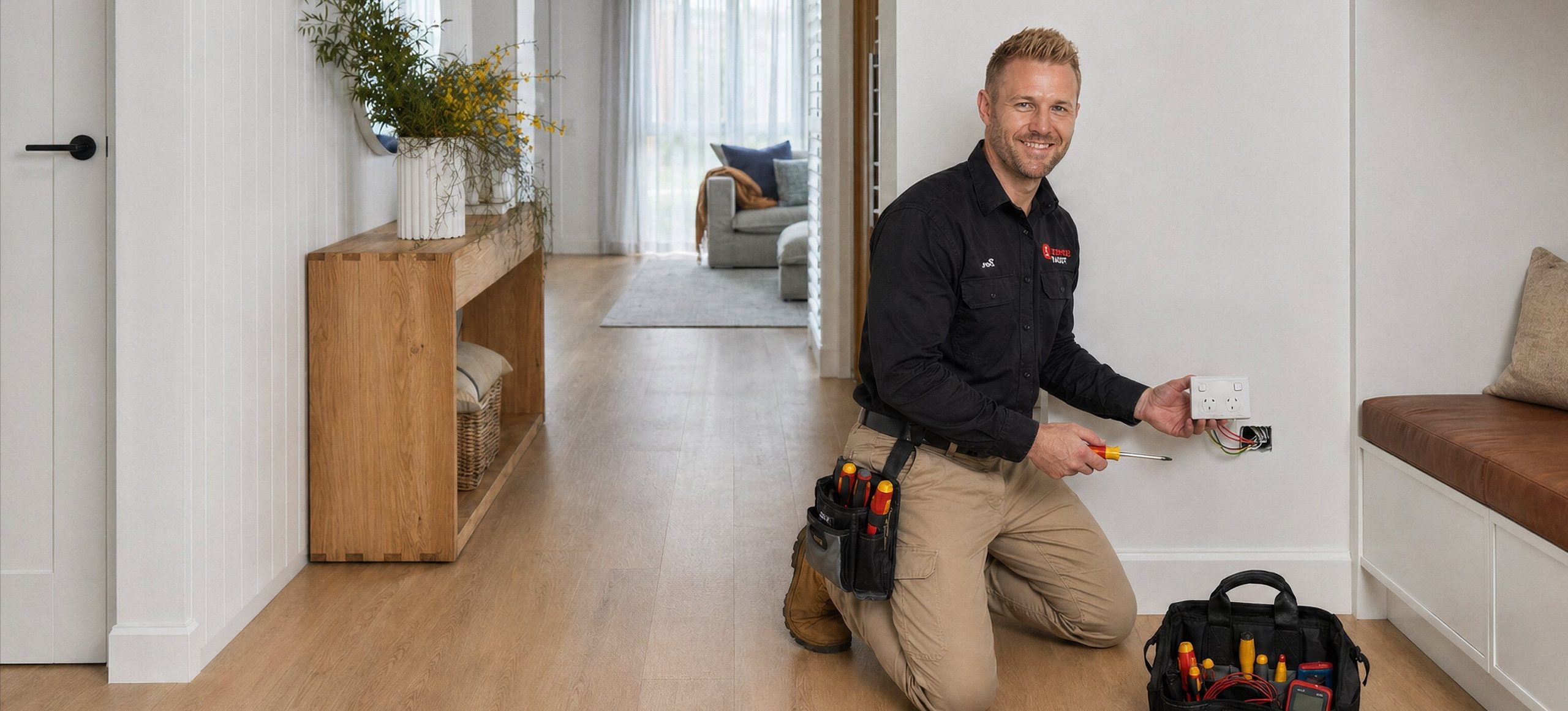Electrician installing a new power point in a modern home interior, with tools and toolbox visible.
