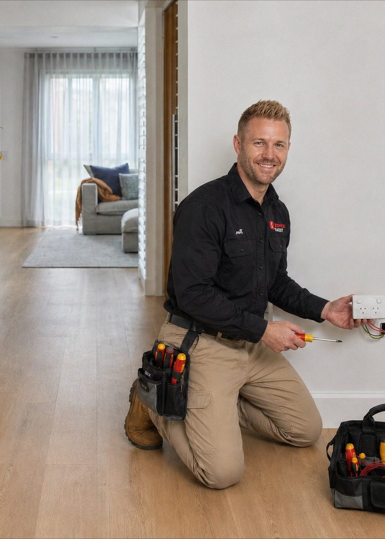 Electrician installing a power point in a modern home, with tools and toolbox nearby.