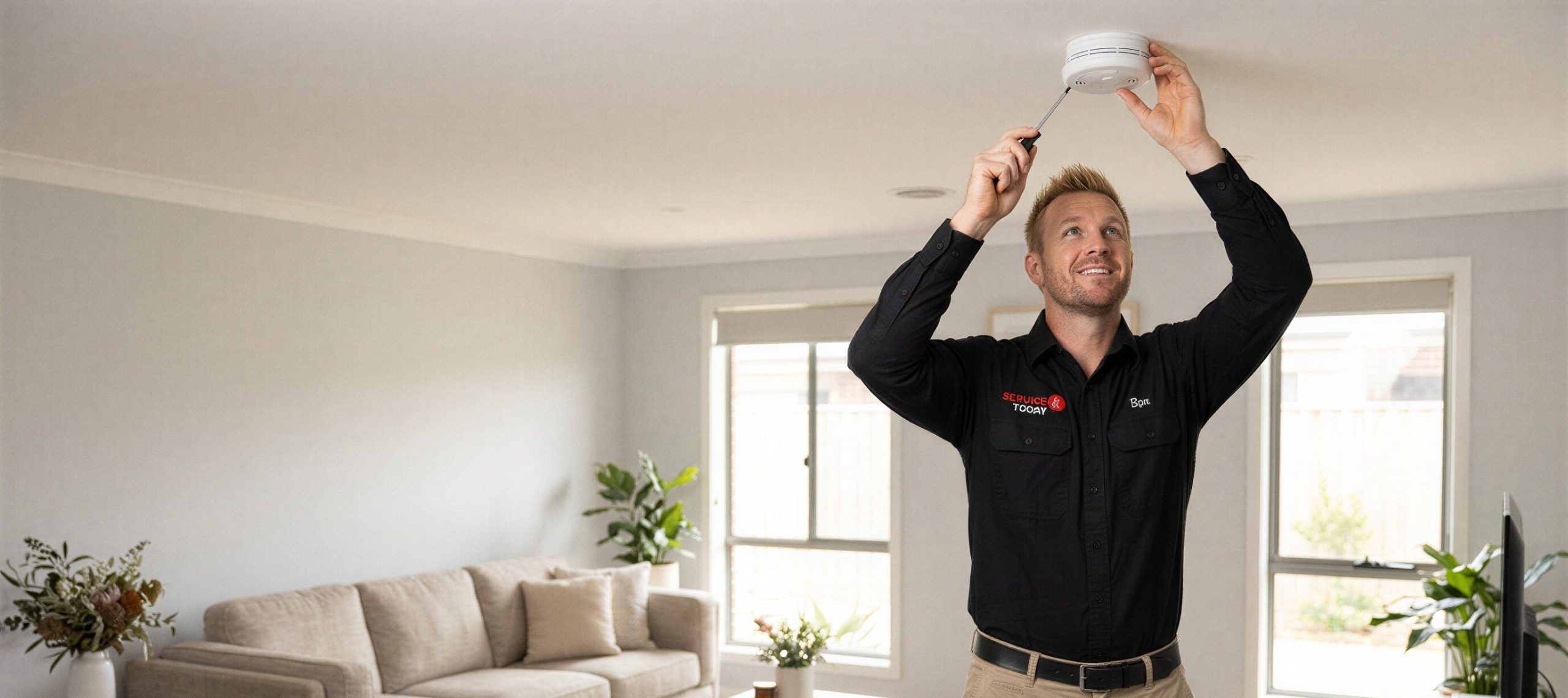 Technician installing a smoke alarm in a living room ceiling.