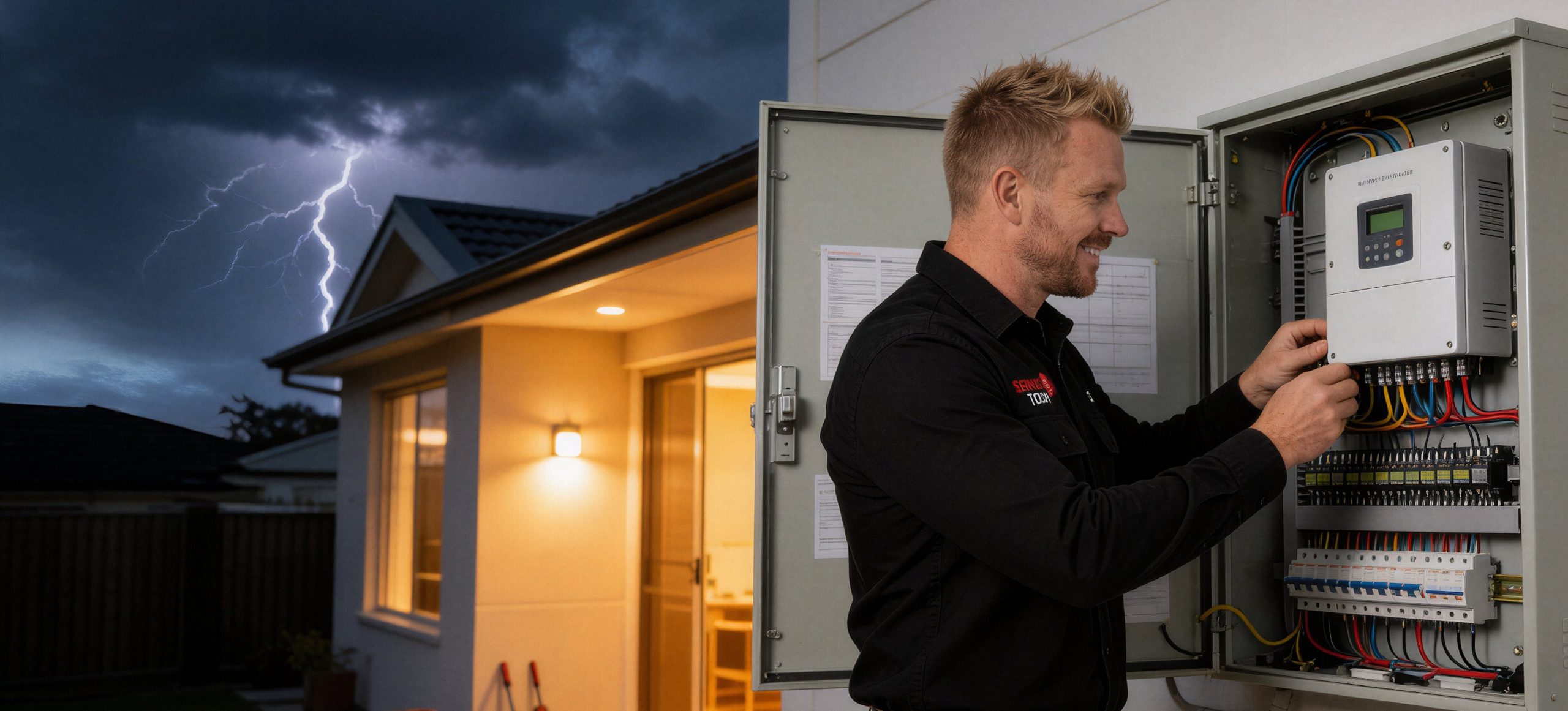 Electrician installing surge protection equipment on a house during a lightning storm.