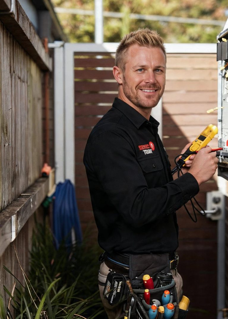 Electrician in black shirt and tool belt using a yellow tester to check wiring.