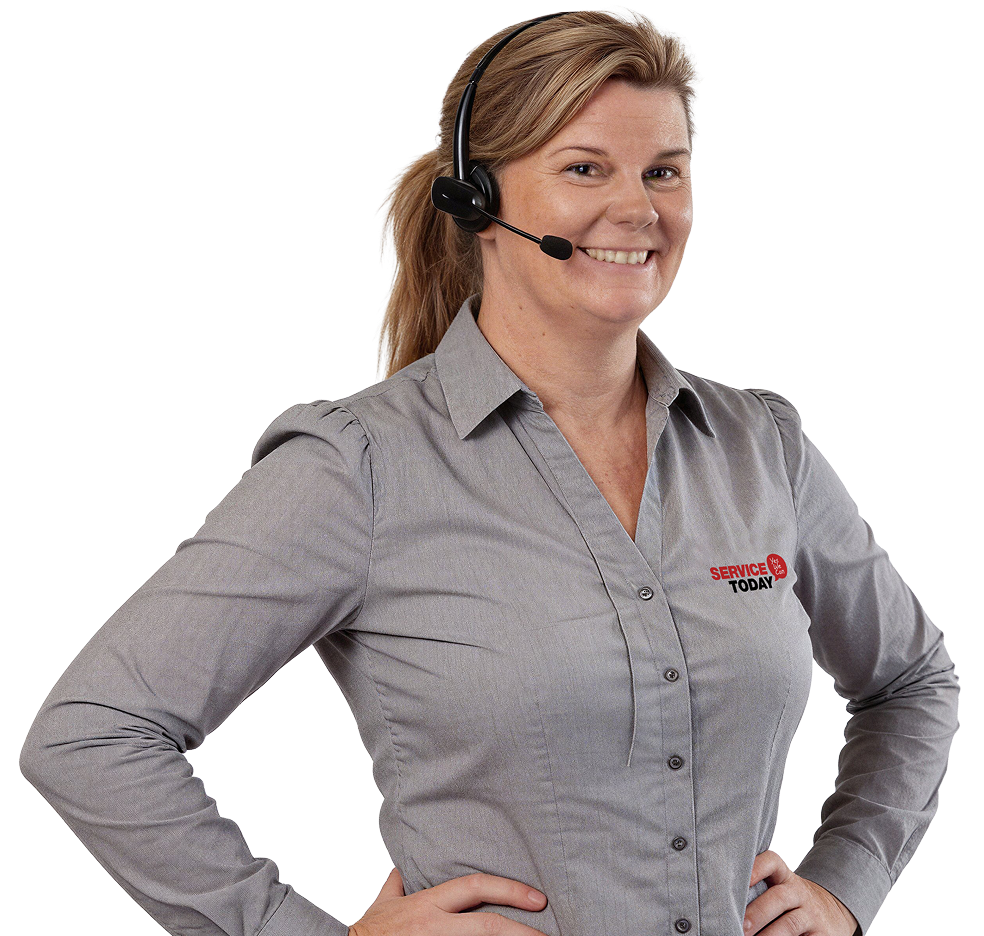 Woman with headset and "Service Today" logo on gray shirt smiling.