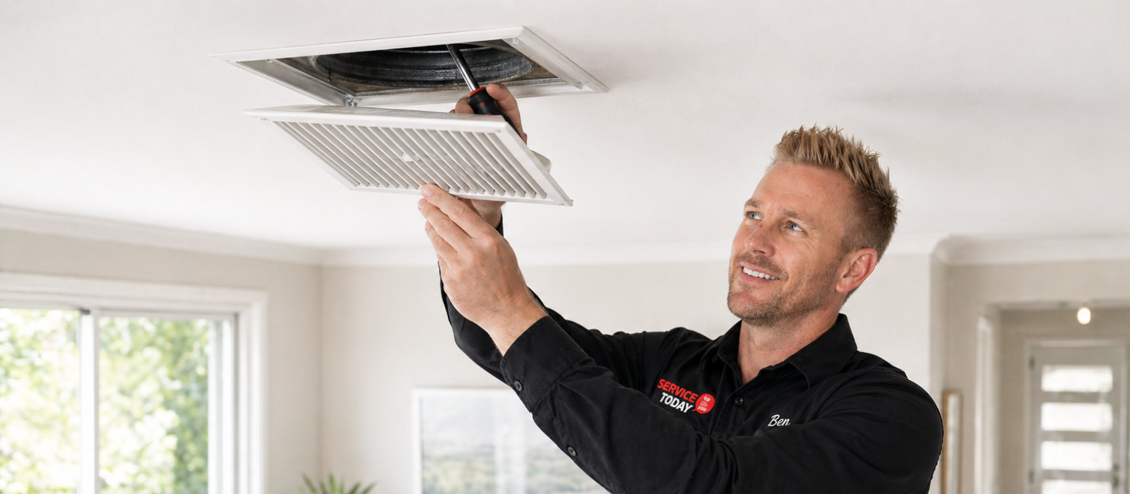 Technician using a screwdriver to adjust a ceiling air vent for duct cleaning.